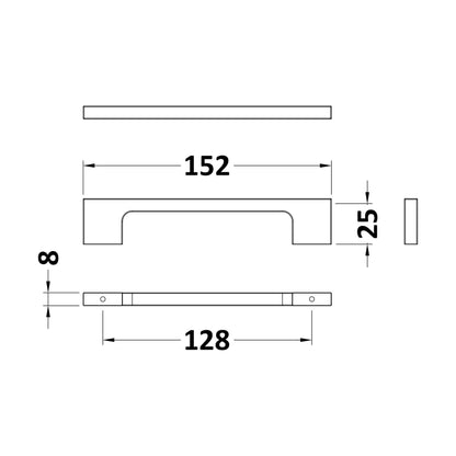 [BFHH196] Furniture Handle Slimline Square D Shape Handle, 152mm (128mm Centres) - Brushed Brass - Technical Drawing