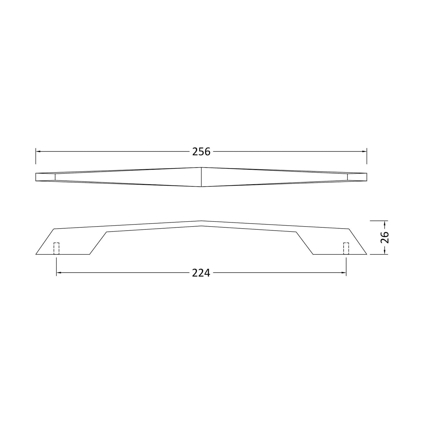 [BFHH204] Furniture Handle Angular D Shape Handle, 256mm (224mm Centres) - Matt Black - Technical Drawing
