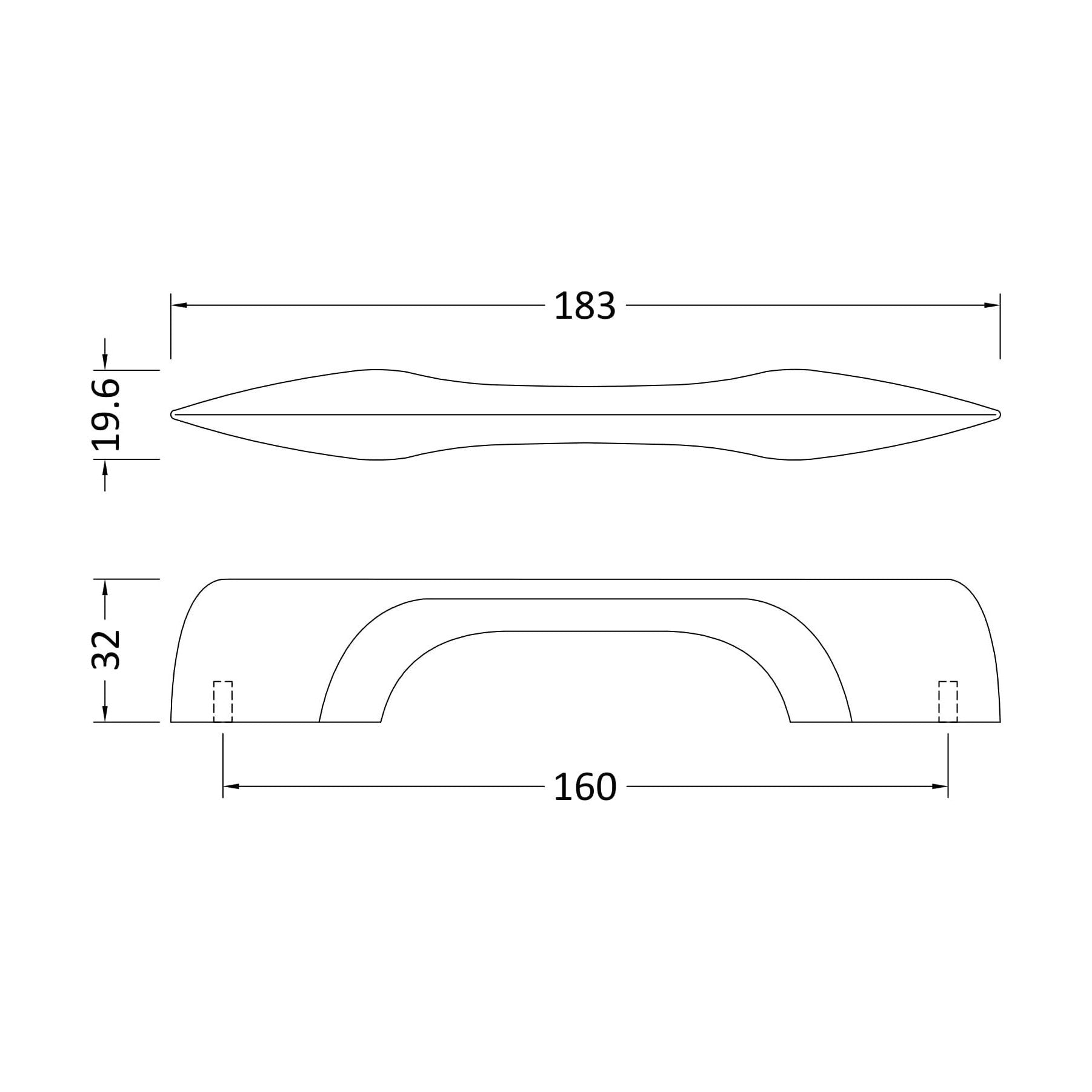 [BFHH205] Furniture Handle D Shape Handle, 183mm (160mm Centres) - Matt Black - Technical Drawing