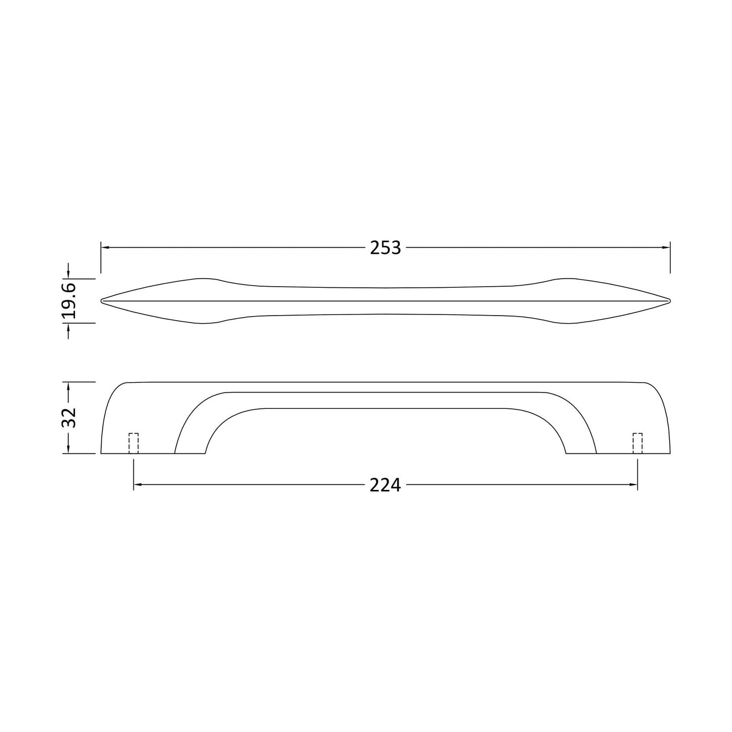 [BFHH206] Furniture Handle D Shape Handle, 253mm (224mm Centres) - Matt Black - Technical Drawing