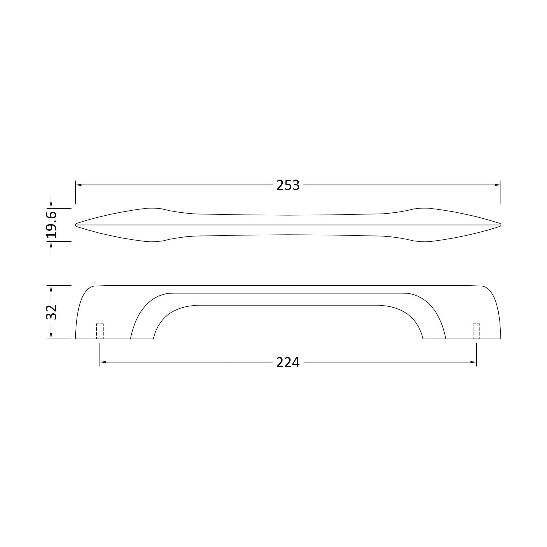[BFHH206] Furniture Handle D Shape Handle, 253mm (224mm Centres) - Matt Black - Technical Drawing