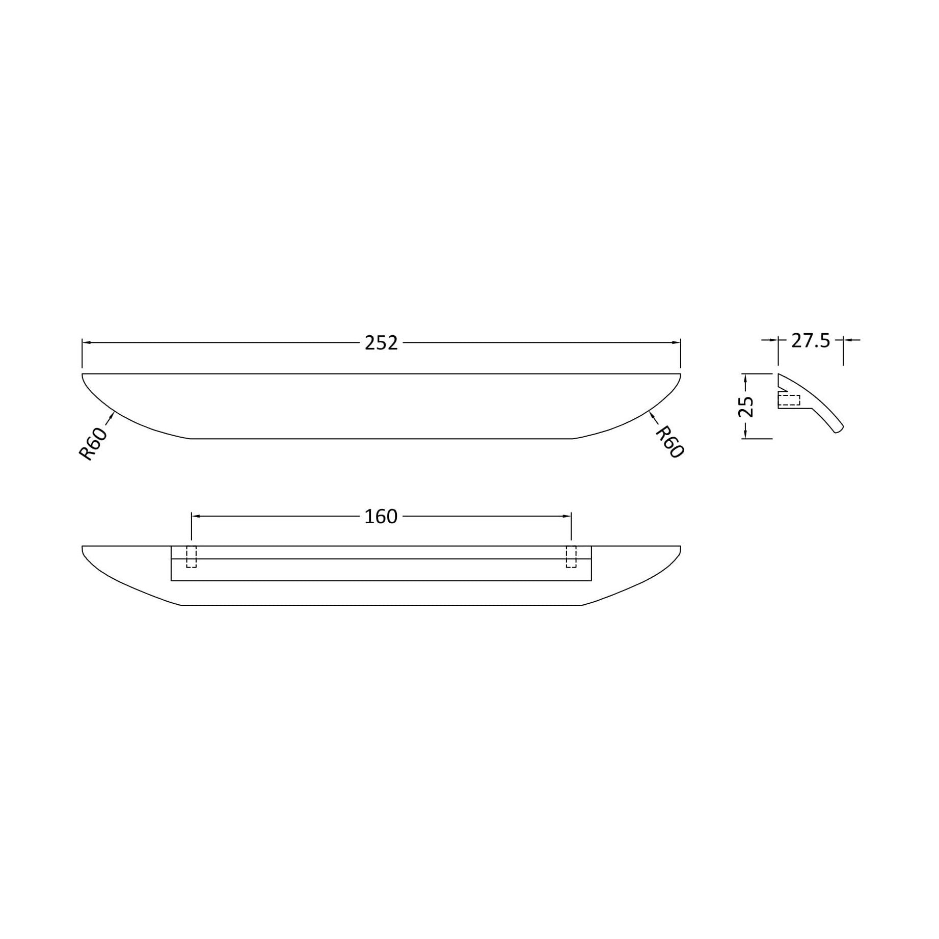 [BFHH209] Finger Pull Handle, 252mm (160mm Centres) - Matt Black - Technical Drawing