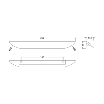 [BFHH209] Finger Pull Handle, 252mm (160mm Centres) - Matt Black - Technical Drawing