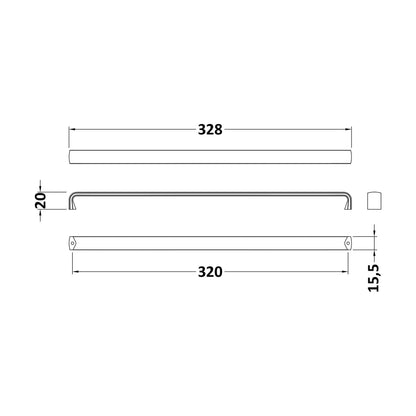 [BFHH220] Thin D Shape Furniture Handle 328 x 16 x 20mm - Matt Black - Technical Drawing