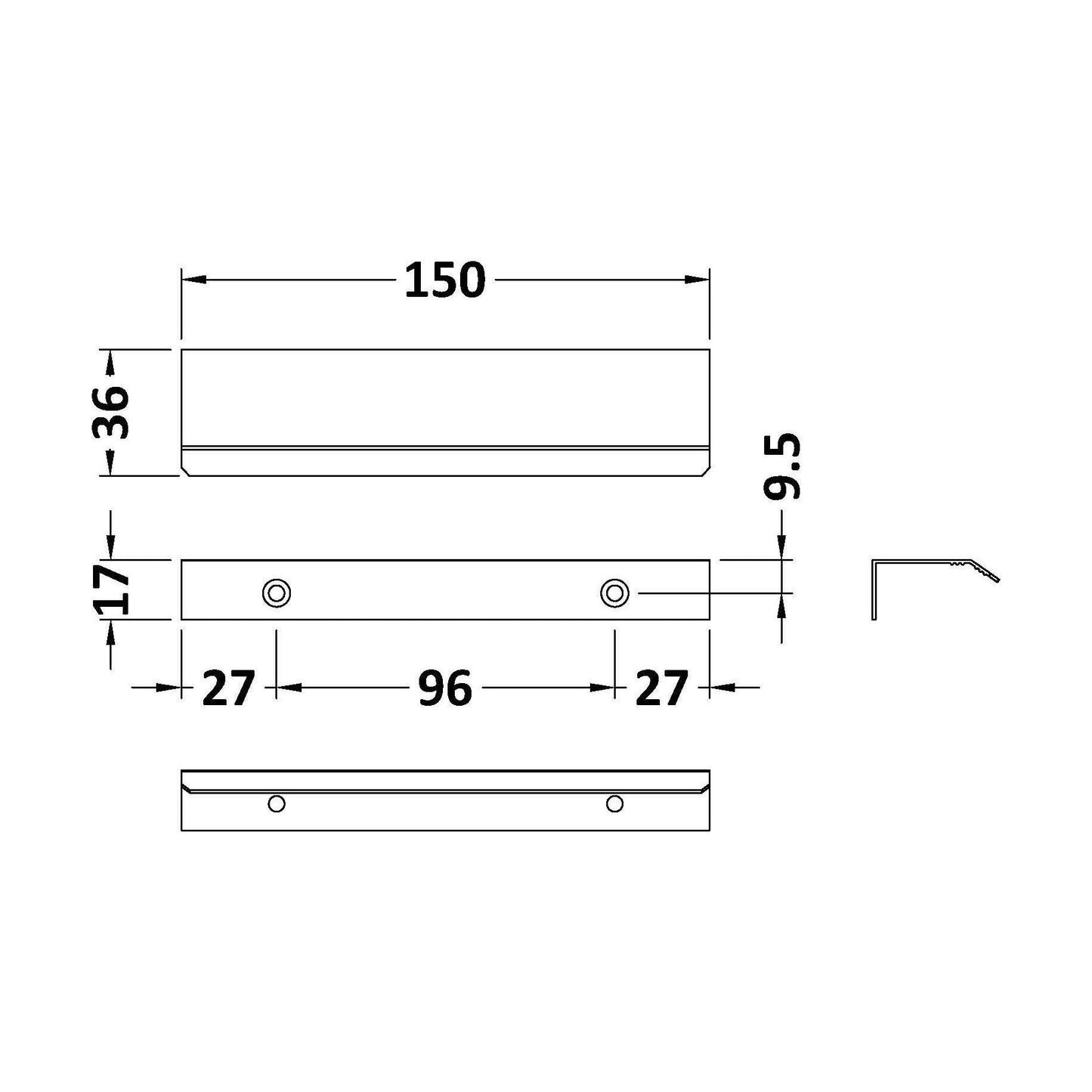 [BFHH224] Finger Pull Handle, 150mm (96mm Centres) - Matt Black - Technical Drawing
