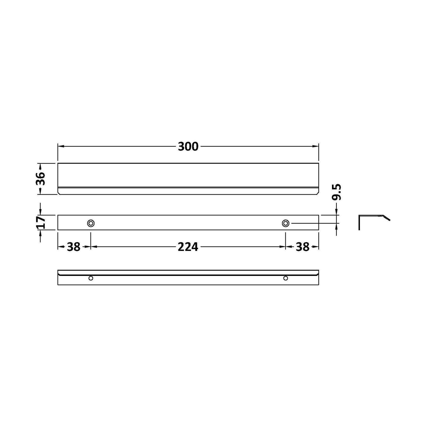 [BFHH225] Finger Pull Handle, 300mm (224mm Centres) - Matt Black - Technical Drawing
