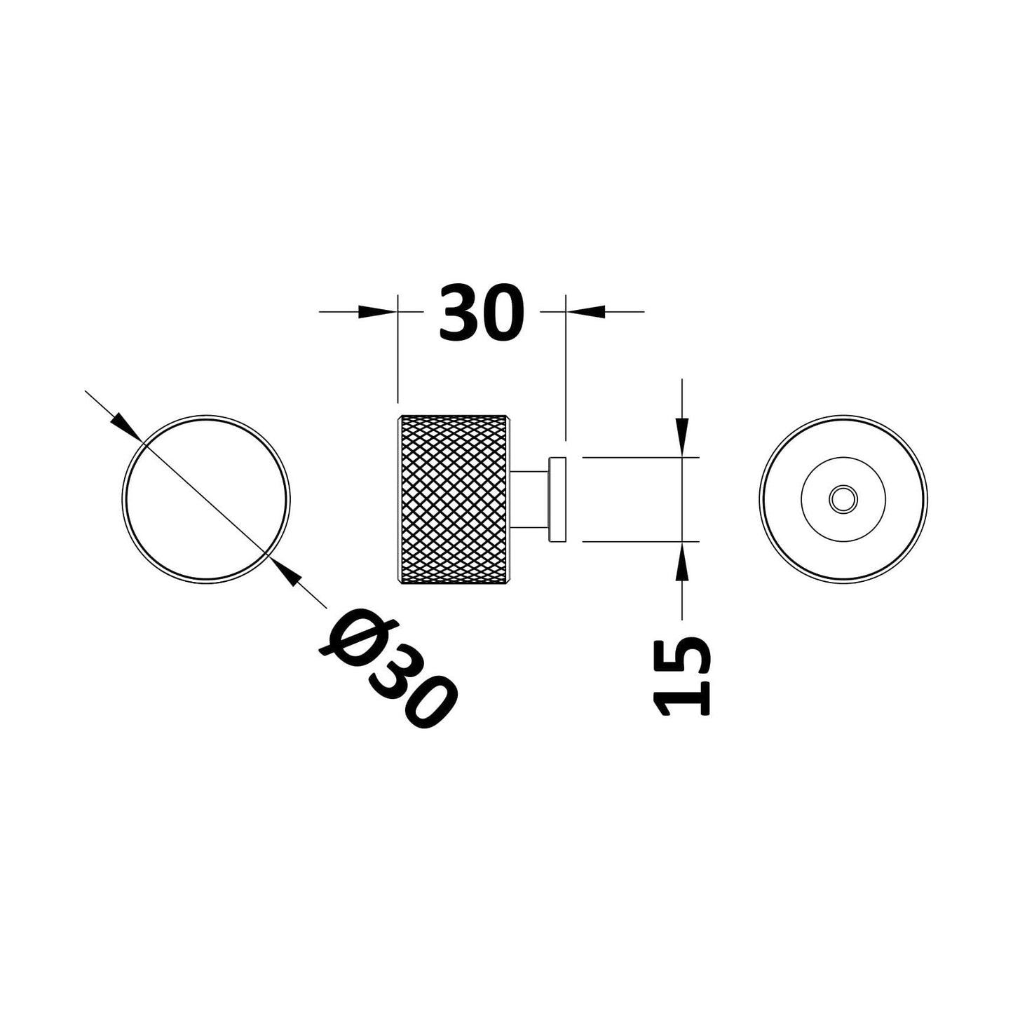 [BFHH314] Knurled Indented Round Knob, 30mm - Brushed Brass - Technical Drawing