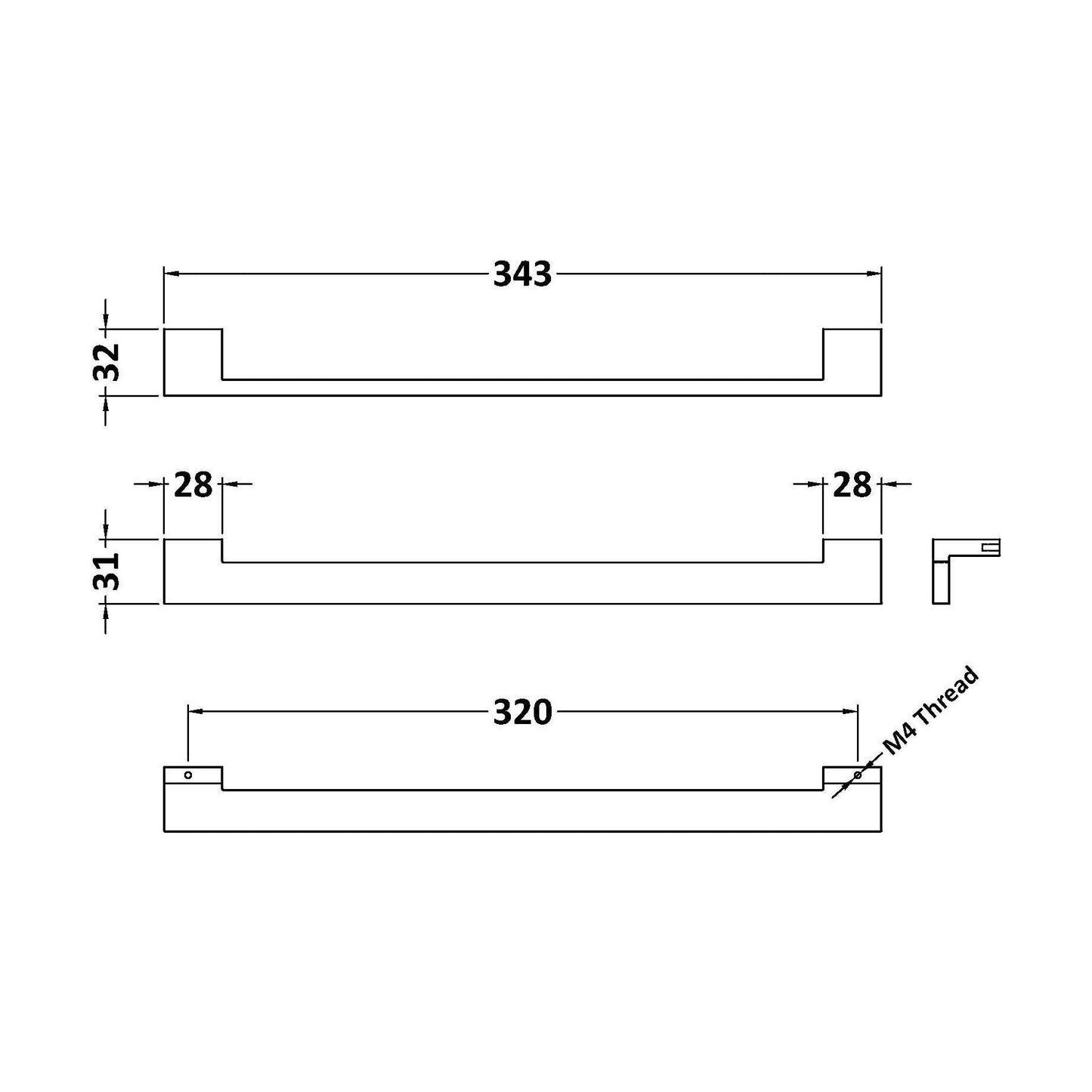 [BFHH320B] Square Drop Handle, 343mm (320mm Centres) - Chrome - Technical Drawing