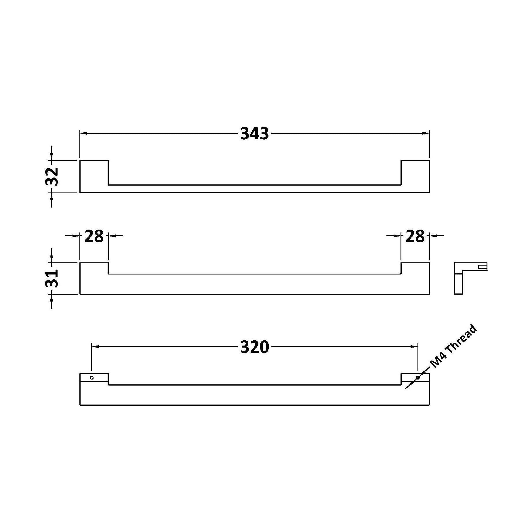 [BFHH320B] Square Drop Handle, 343mm (320mm Centres) - Chrome - Technical Drawing
