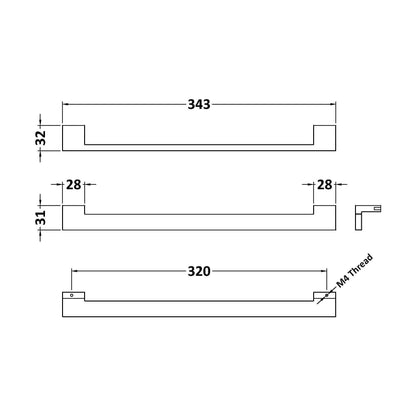 [BFHH320B] Square Drop Handle, 343mm (320mm Centres) - Chrome - Technical Drawing