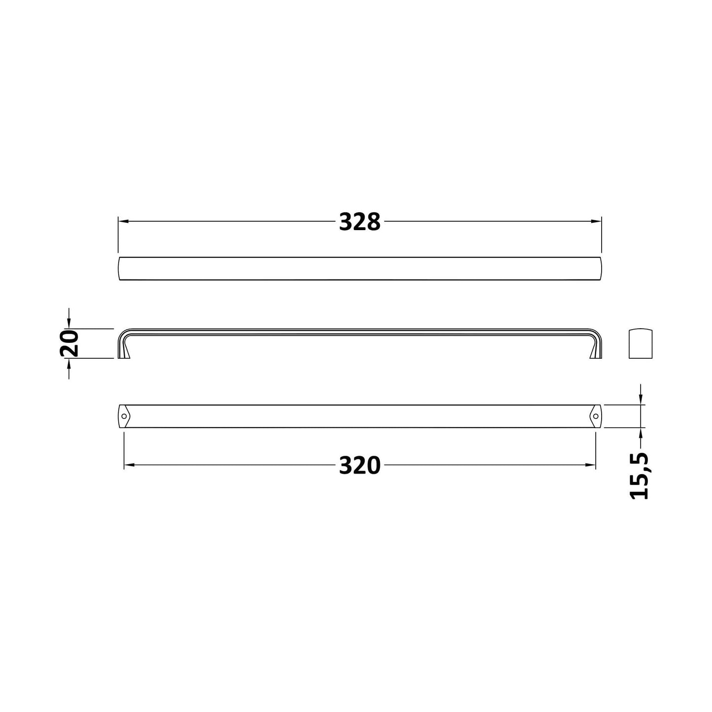 [BFHH320] Thin D Shape Furniture Handle 328 x 16 x 20mm - Brushed Brass - Technical Drawing