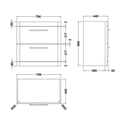 [BFHO135] 800 F/S 2-DRAWER UNIT 800 x 796 x 447 - Technical Drawing