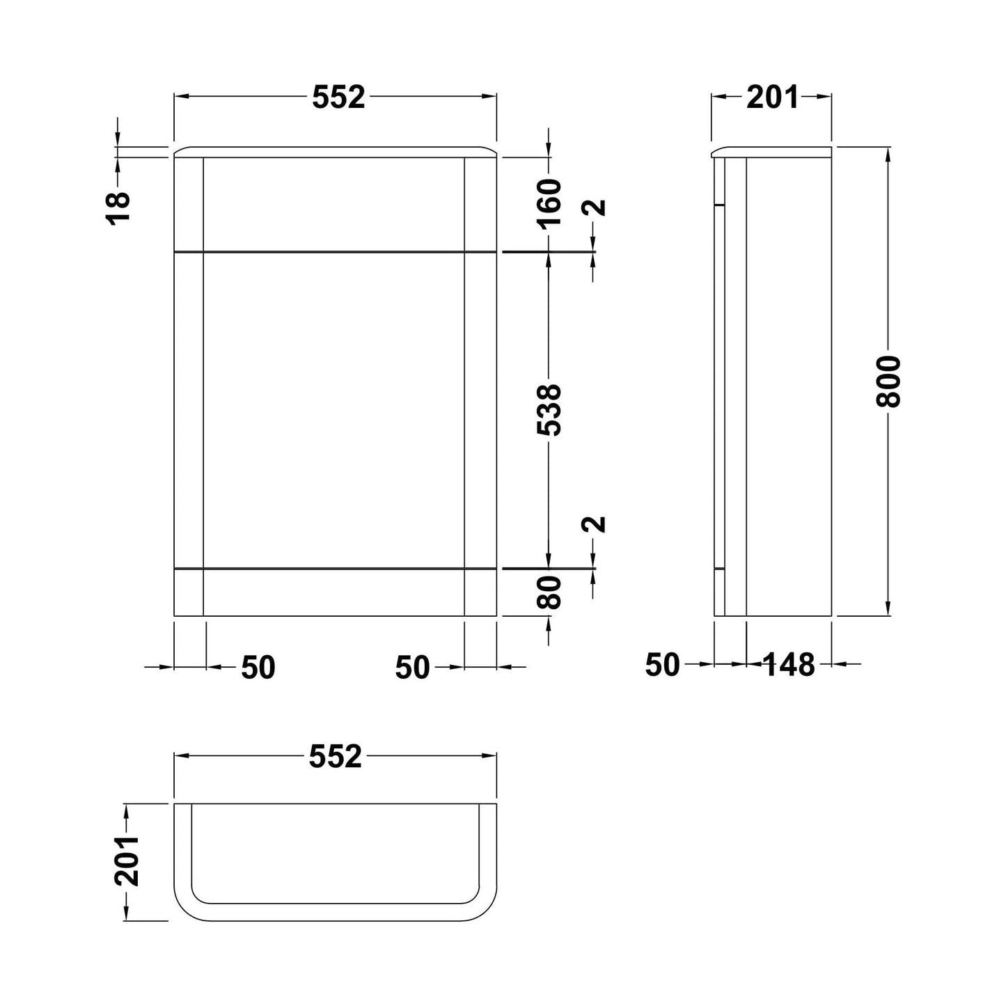 [BFHO141] Croxden Floor Standing WC Toilet Unit - 800 x 550 x 200mm - Choice of Colour - Technical Drawing