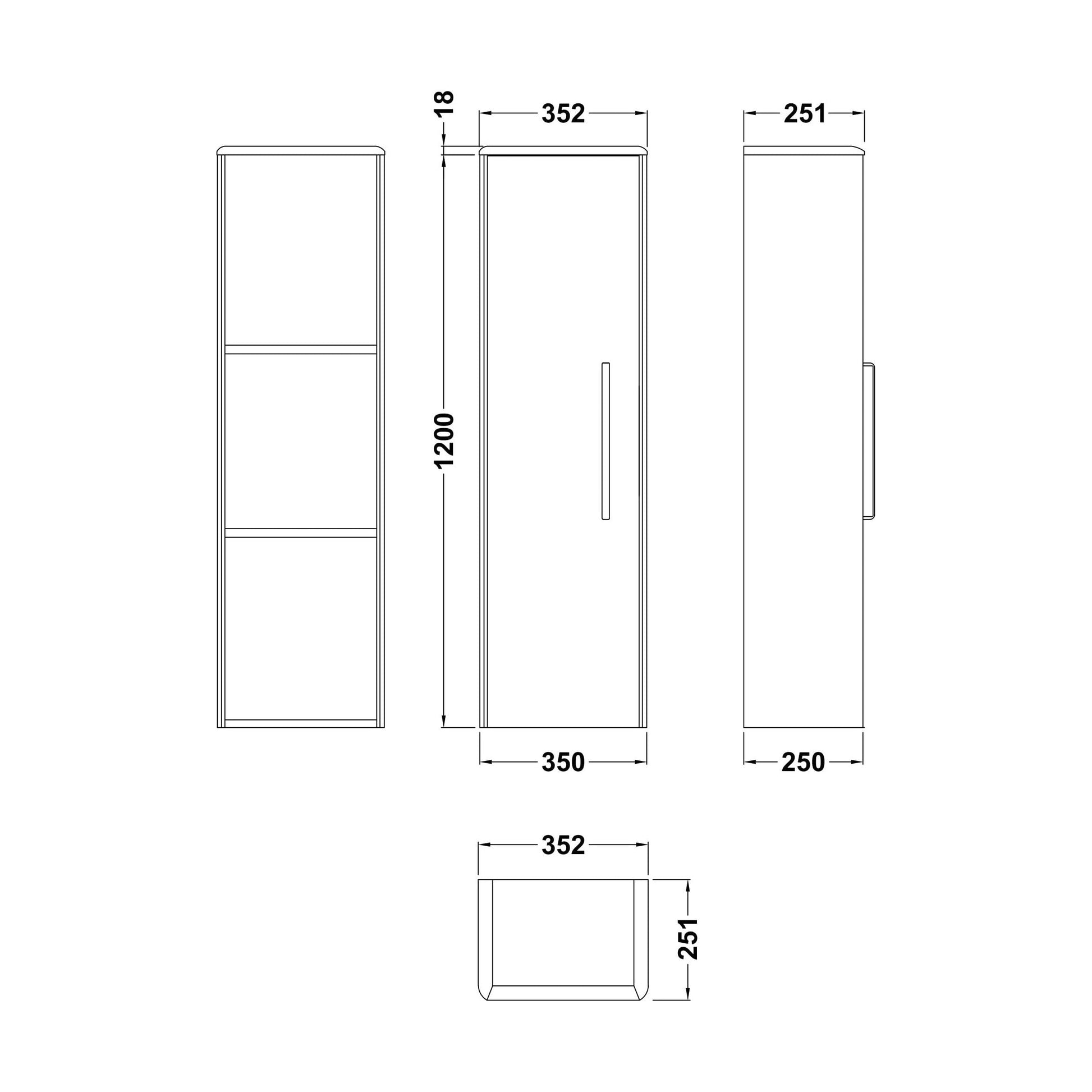 [BFHO162] Croxden Tall Wall Mounted Bathroom Storage Unit - 1200 x 350 x 250mm - Technical Drawing