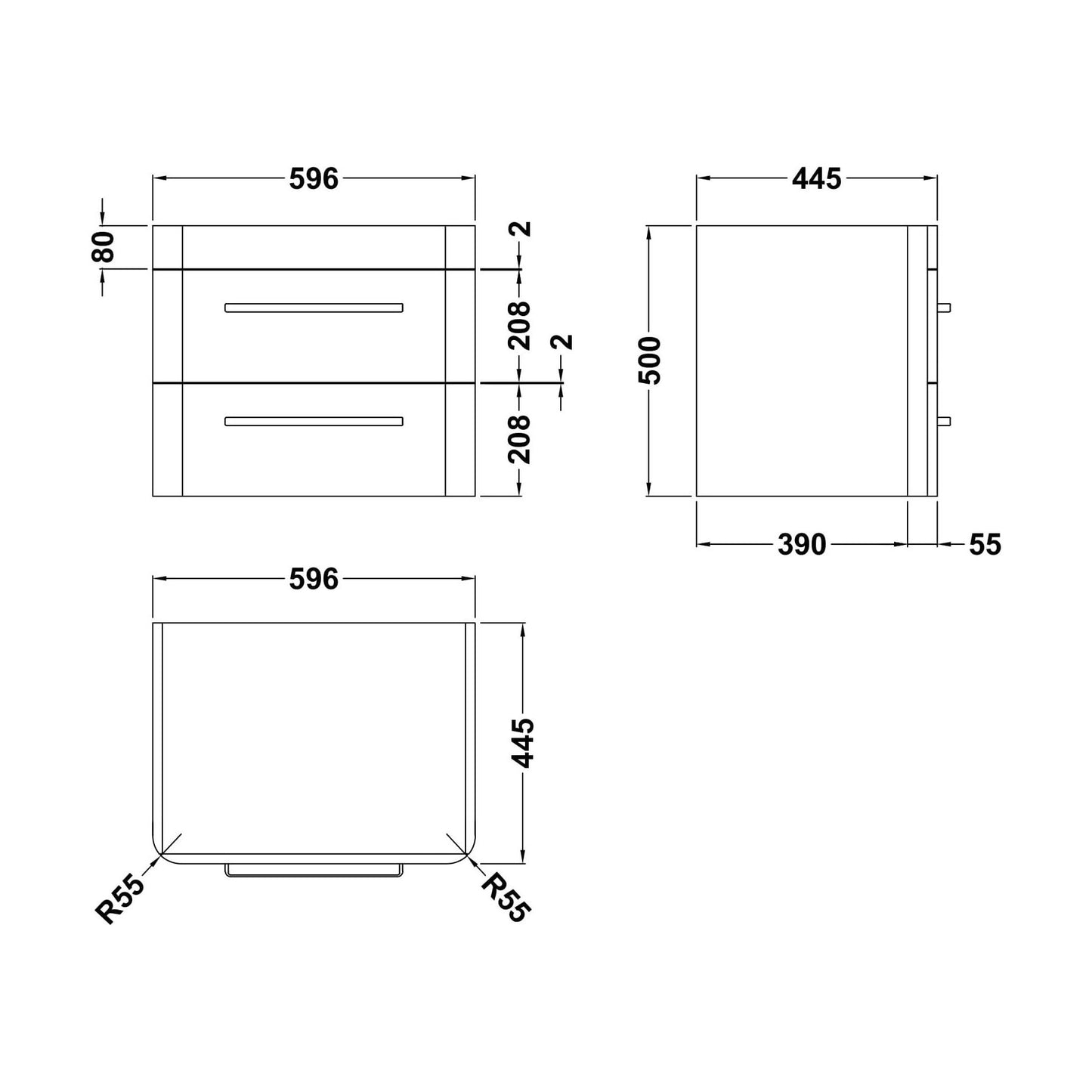[BFHO193] 600 W/H 2-DRAWER UNIT 500 x 596 x 447 - Technical Drawing