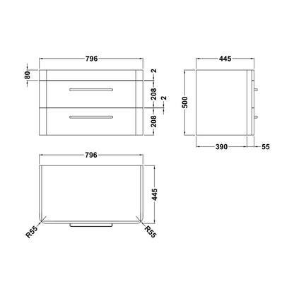 [BFHO195] 800 W/H 2-DRAWER UNIT 500 x 796 x 447 - Technical Drawing
