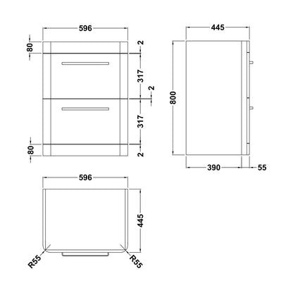 [BFHO233] 600 F/S 2-DRAWER UNIT 800 x 596 x 447 - Technical Drawing