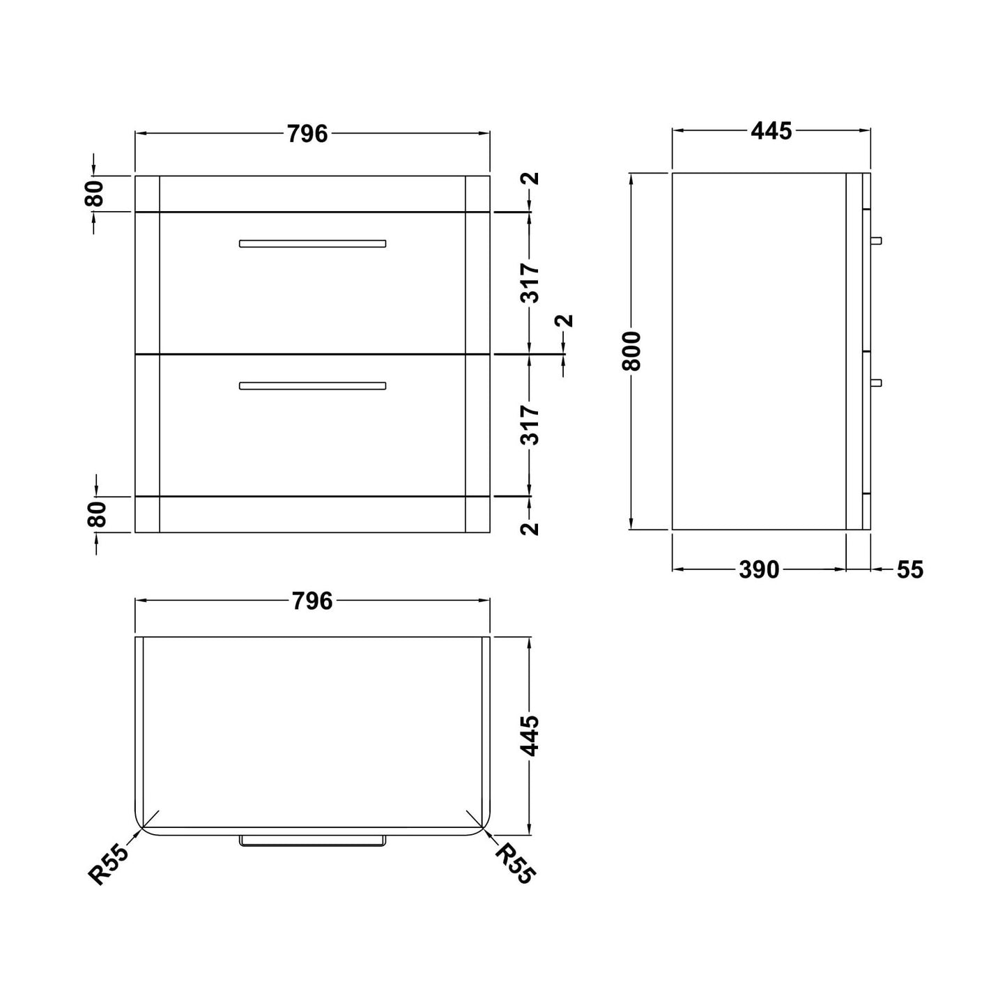 [BFHO235] 800 F/S 2-DRAWER UNIT 800 x 796 x 447 - Technical Drawing