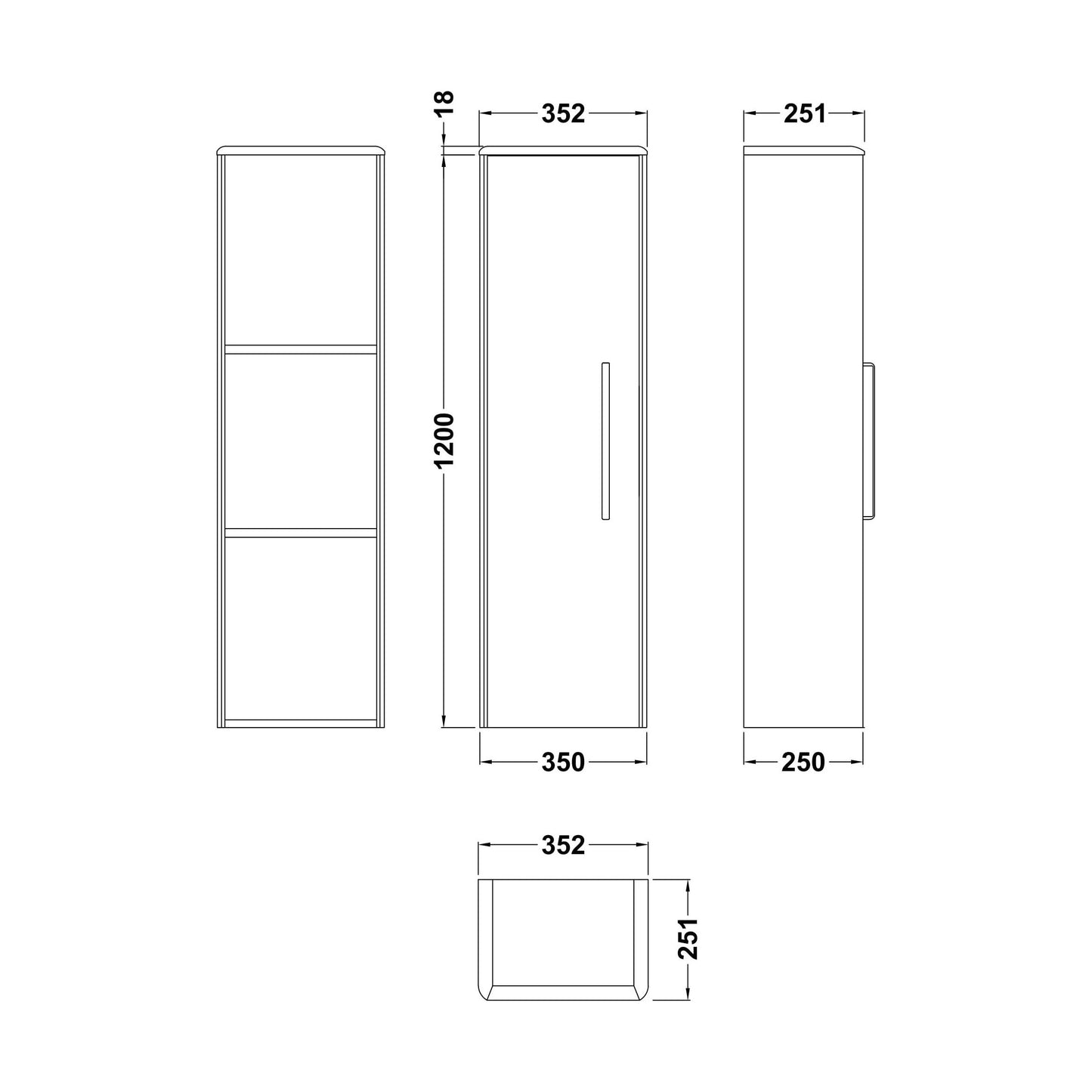 [BFHO362] Croxden Tall Wall Mounted Bathroom Storage Unit - 1200 x 350 x 250mm - Technical Drawing