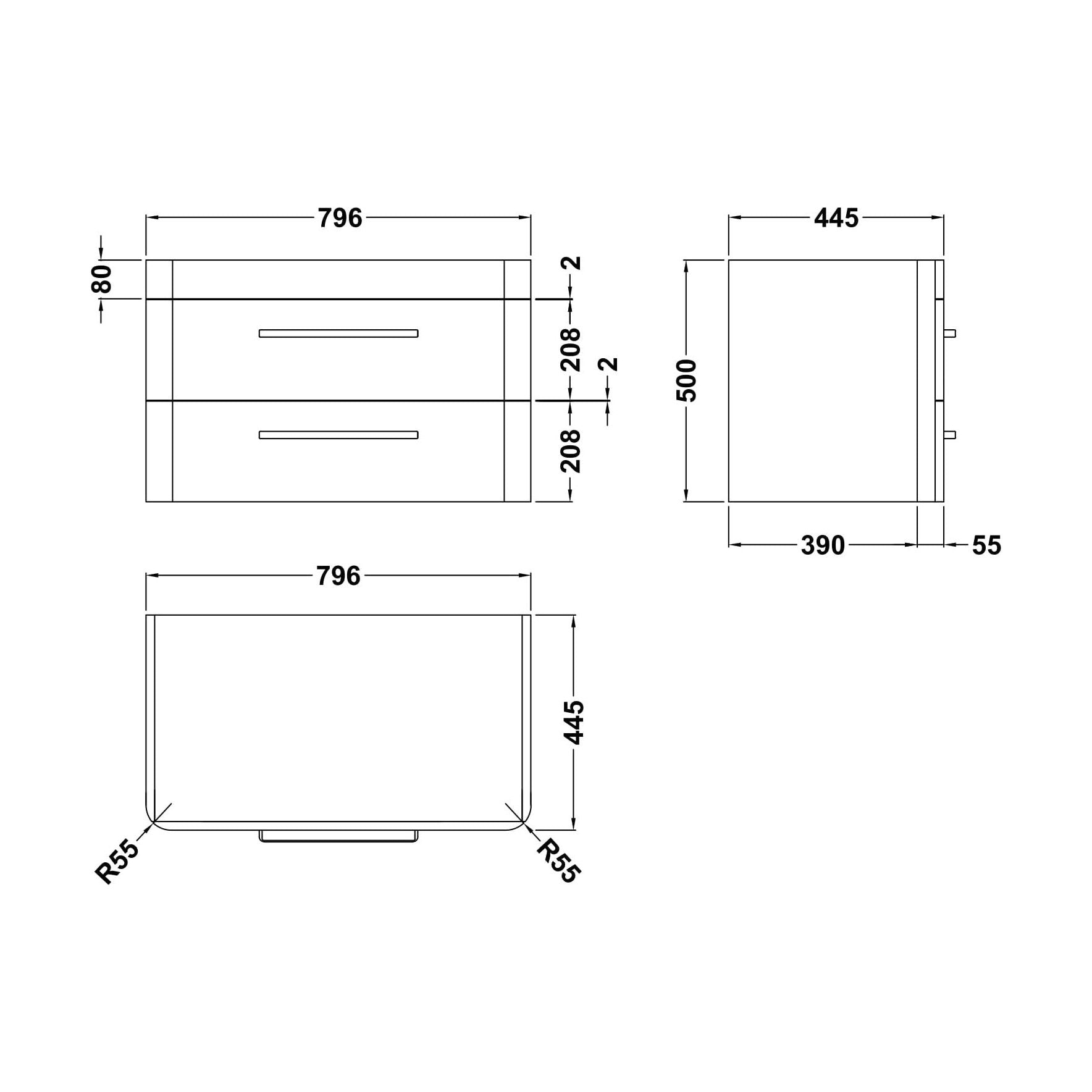 [BFHO395] Honour WH 2 Drawer Unit Blue - Technical Drawing