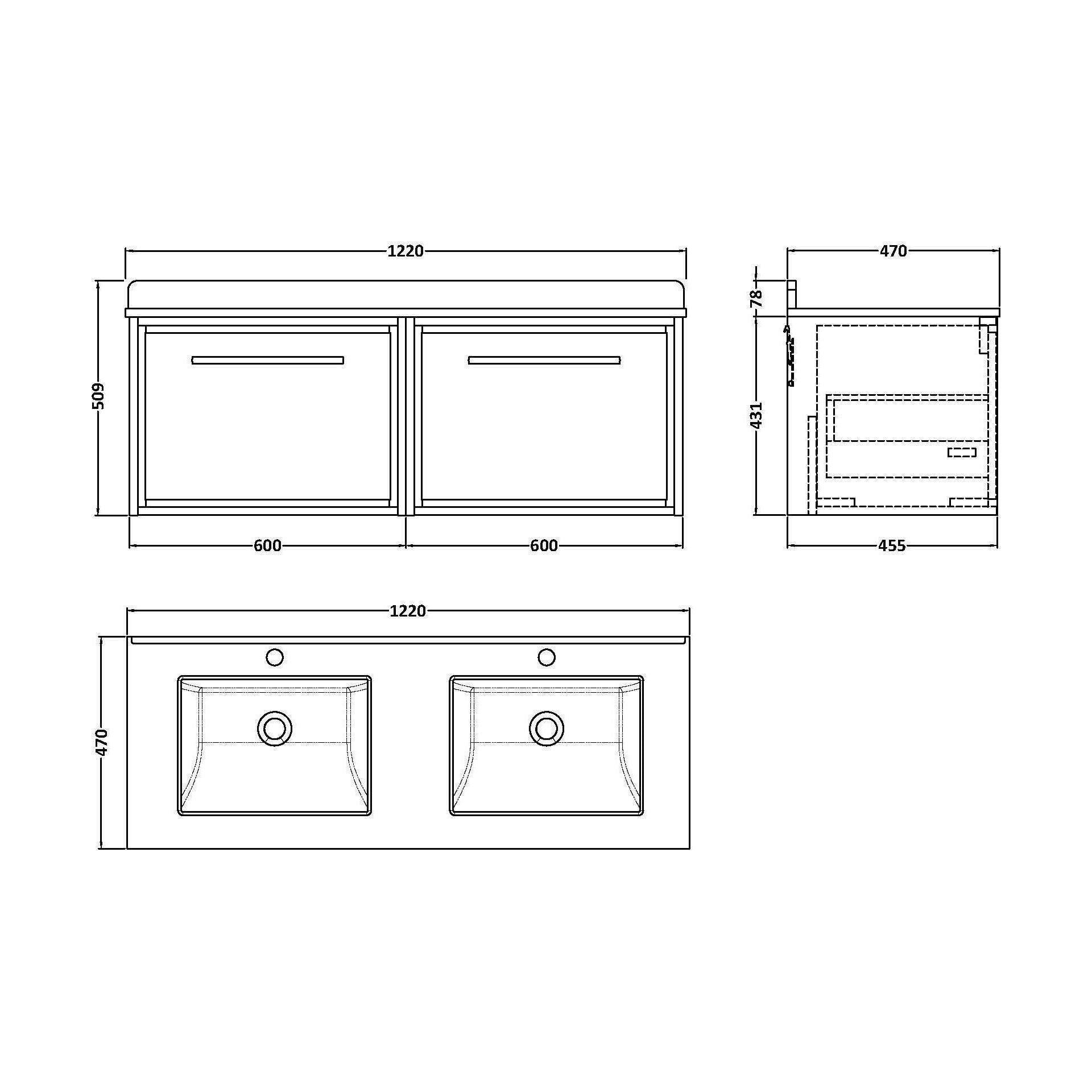 [BFIF2222WS2] Longnor 2 Drawer Wall Hung Vanity Unit with Square Basin and Marble Worktop, Woodgrain Graphite Grey, 1200mm - Technical Drawing
