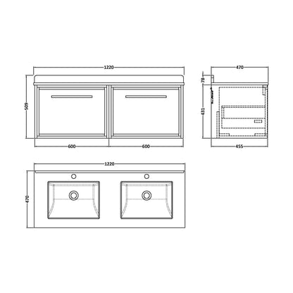 [BFIF2222WS2] Longnor 2 Drawer Wall Hung Vanity Unit with Square Basin and Marble Worktop, Woodgrain Graphite Grey, 1200mm - Technical Drawing