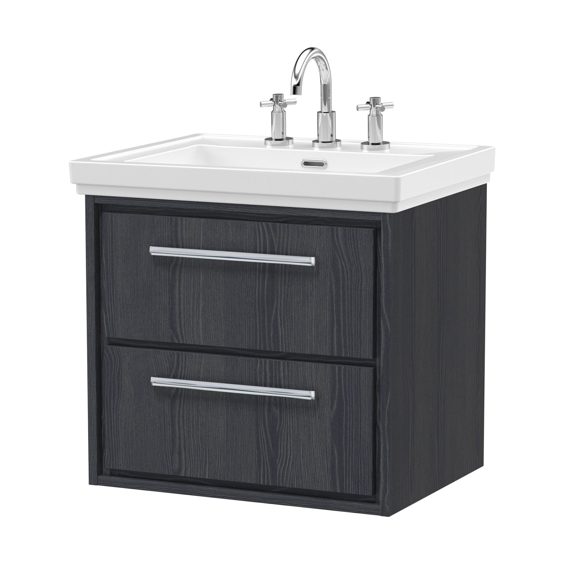 [BFIF2224B] Longnor 2 Drawer Wall Hung Vanity Unit with 3 Tap Hole Traditional Fireclay Basin, Woodgrain Graphite Grey, 600mm - Cutout