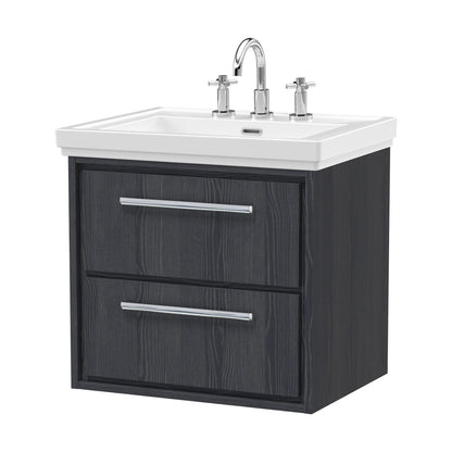 [BFIF2224B] Longnor 2 Drawer Wall Hung Vanity Unit with 3 Tap Hole Traditional Fireclay Basin, Woodgrain Graphite Grey, 600mm - Cutout
