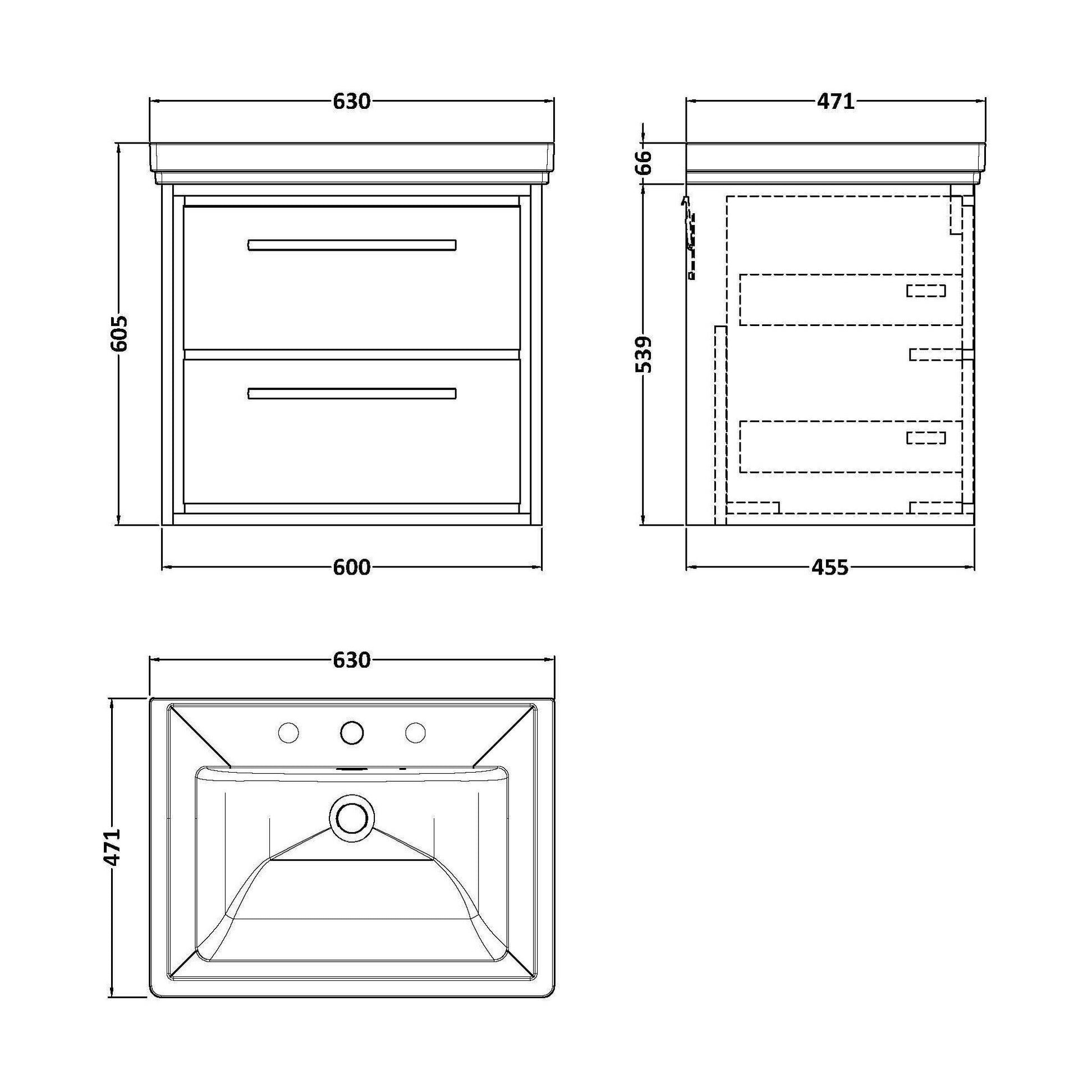 [BFIF2224B] Longnor 2 Drawer Wall Hung Vanity Unit with 3 Tap Hole Traditional Fireclay Basin, Woodgrain Graphite Grey, 600mm - Technical Drawing