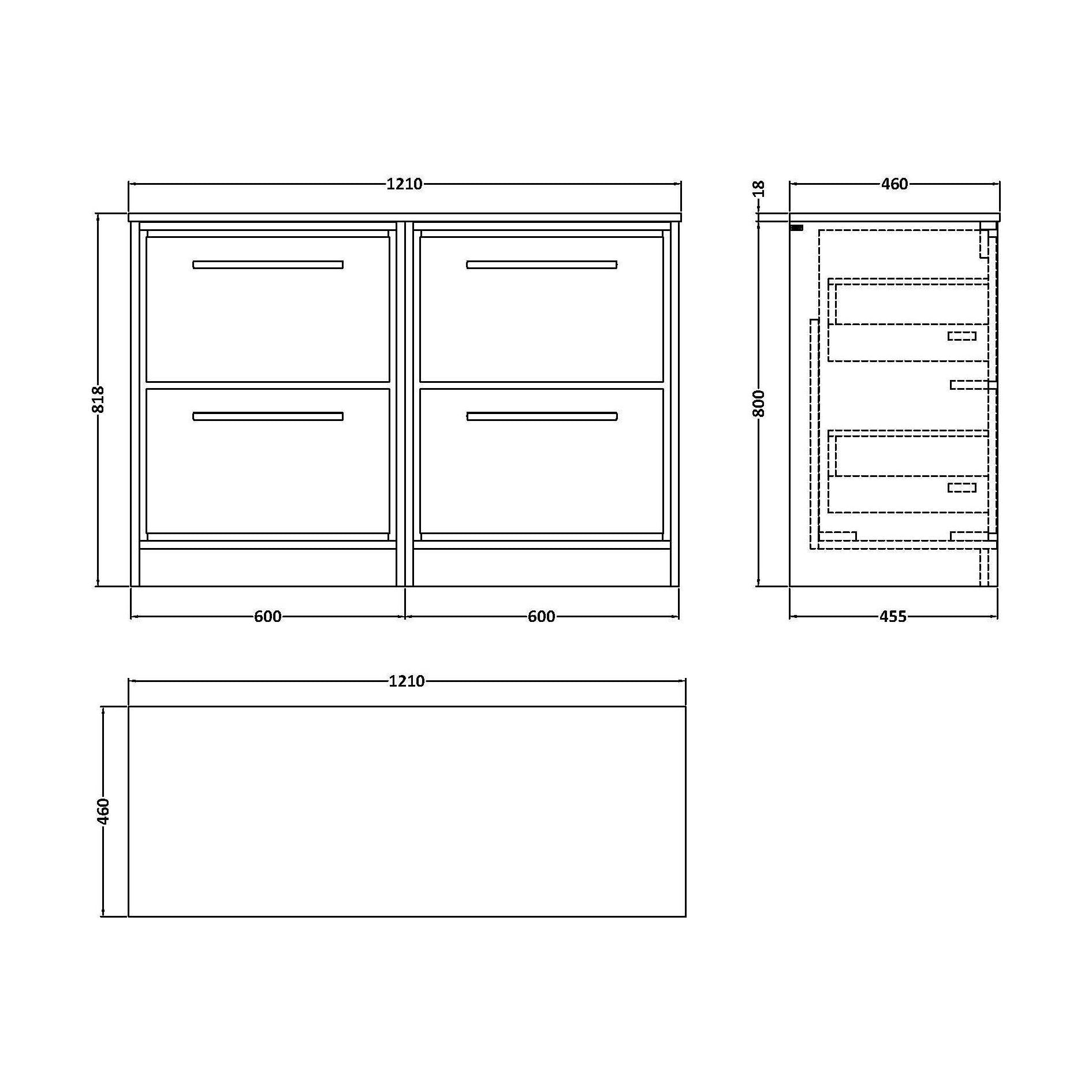 [BFIF2233GMT2] Longnor 4 Drawer Floor Standing Vanity Unit with Grey Marble Worktop, Woodgrain Graphite Grey, 1200mm - Technical Drawing