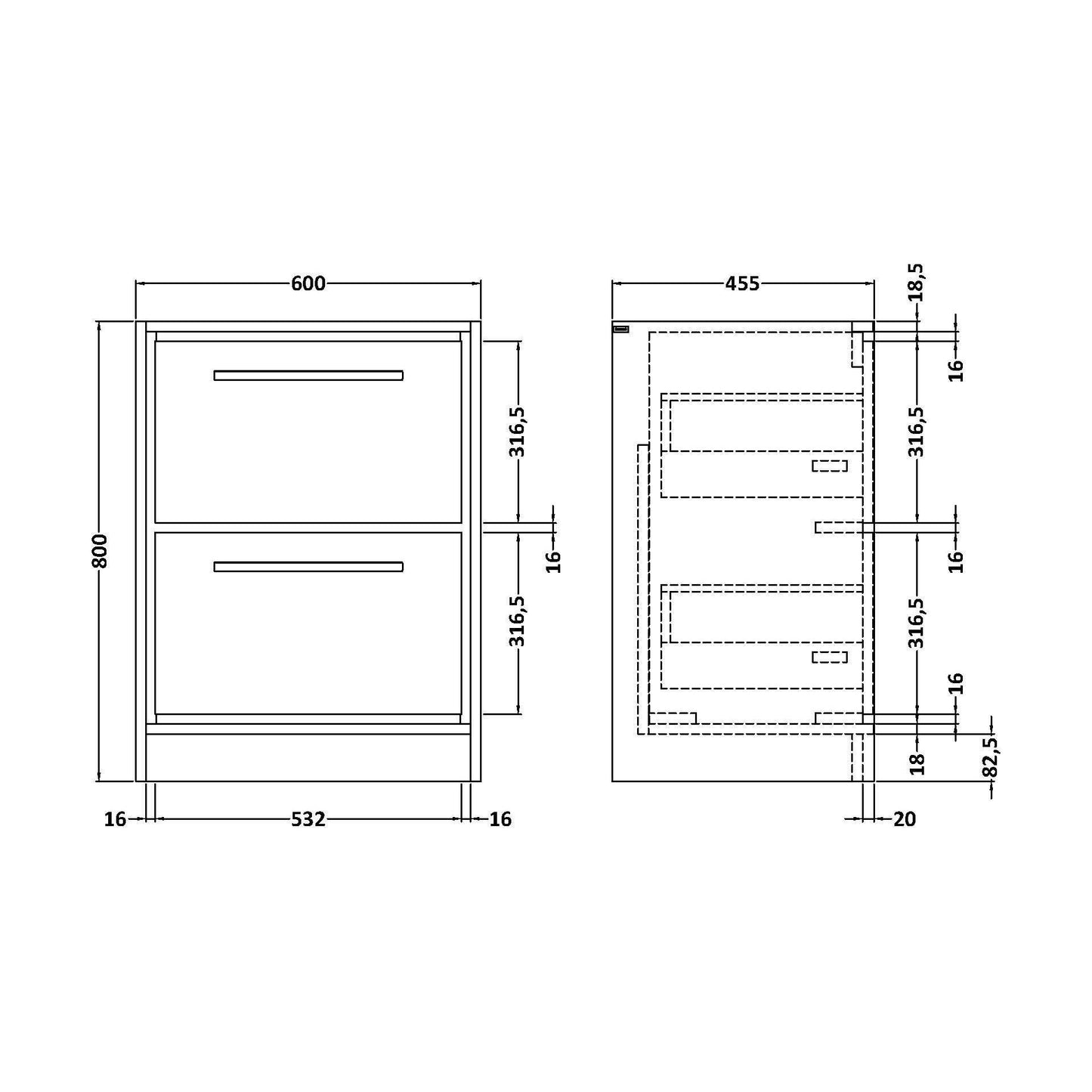 [BFIF2233] 600 FS 2-DRAWER UNIT (455 DEEP) - Technical Drawing