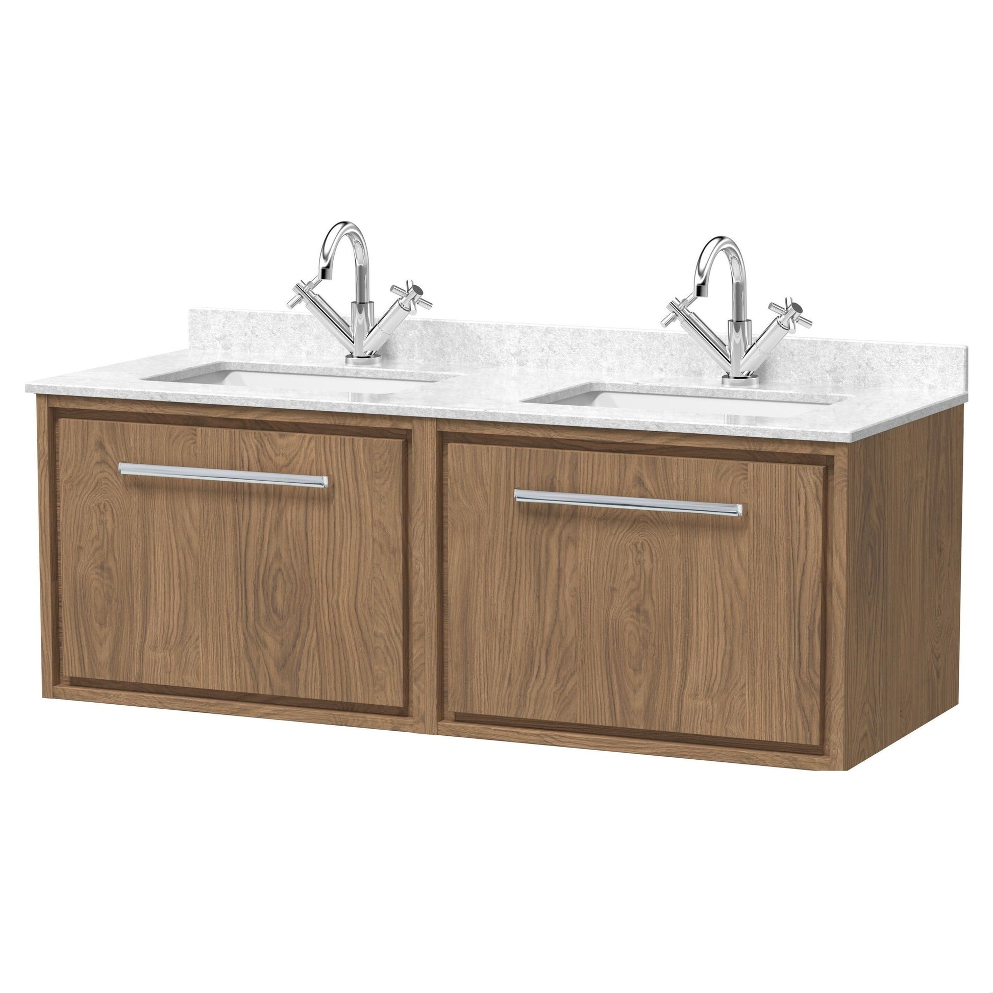 [BFIF2722WS2] Longnor 2 Drawer Wall Hung Vanity Unit with Square Basin and Marble Worktop, Antique Oak, 1200mm - Cutout