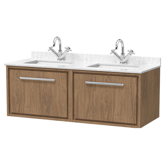 [BFIF2722WS2] Longnor 2 Drawer Wall Hung Vanity Unit with Square Basin and Marble Worktop, Antique Oak, 1200mm - Cutout