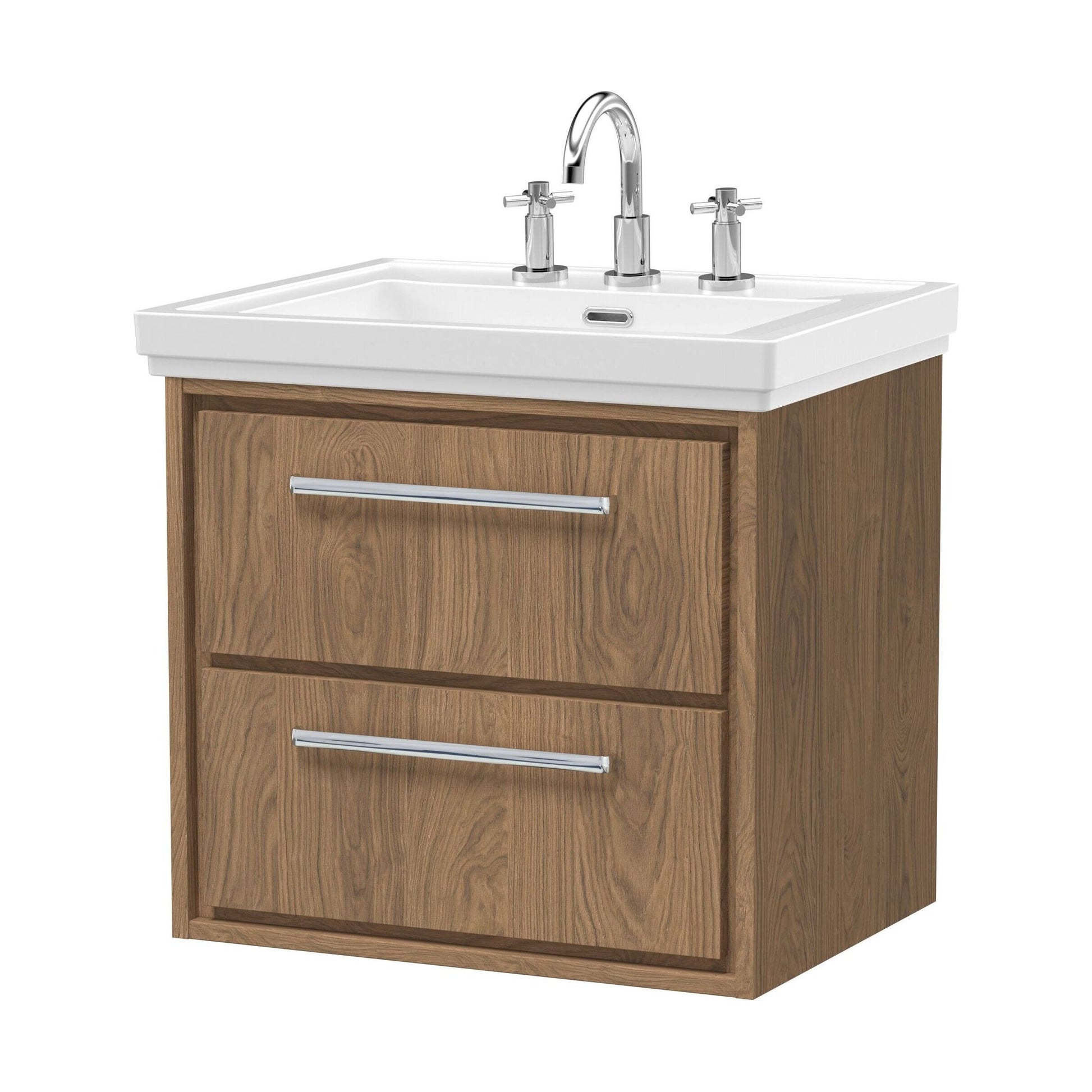 [BFIF2724B] Longnor 2 Drawer Wall Hung Vanity Unit with 3 Tap Hole Traditional Fireclay Basin, Antique Oak, 600mm - Cutout