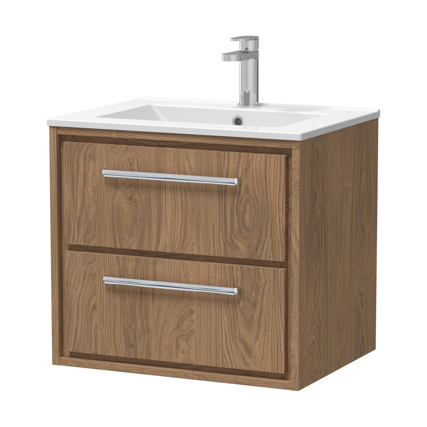 [BFIF2724C] Longnor 2 Drawer Wall Hung Vanity Unit with 1 Tap Hole Minimalist Basin, Antique Oak, 600mm - Cutout