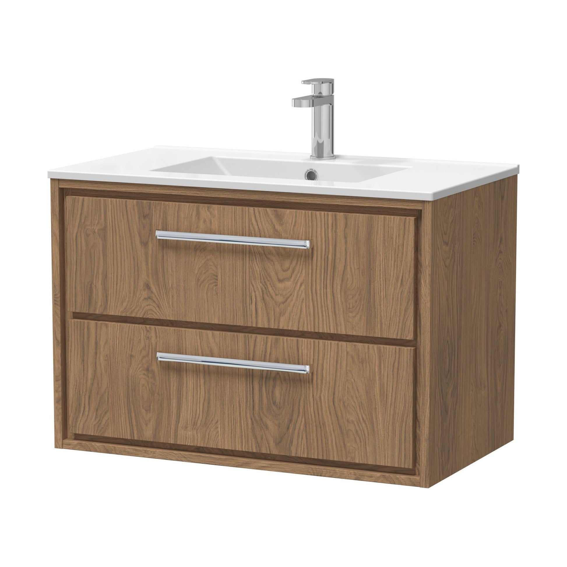 [BFIF2726C] Longnor 2 Drawer Wall Hung Vanity Unit with 1 Tap Hole Minimalist Basin, Antique Oak, 800mm - Cutout