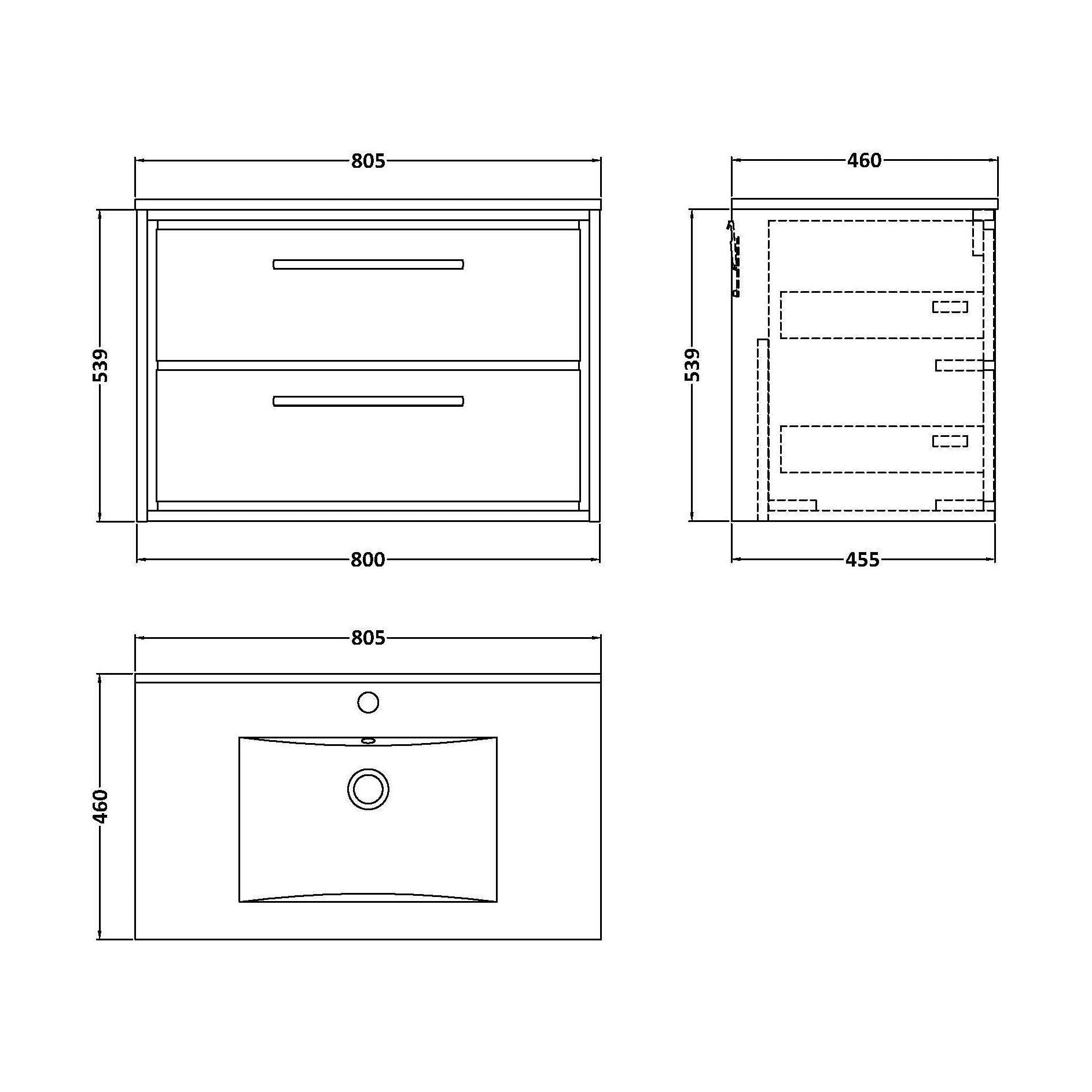 [BFIF2726C] Longnor 2 Drawer Wall Hung Vanity Unit with 1 Tap Hole Minimalist Basin, Antique Oak, 800mm - Technical Drawing
