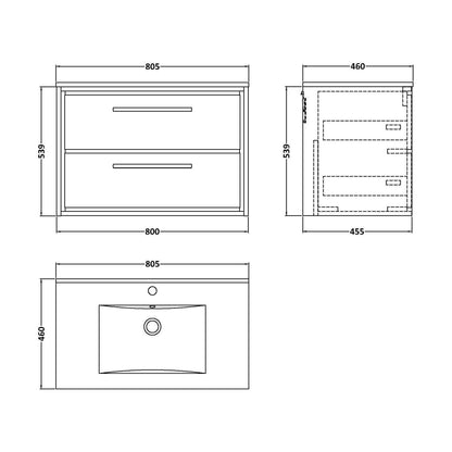 [BFIF2726C] Longnor 2 Drawer Wall Hung Vanity Unit with 1 Tap Hole Minimalist Basin, Antique Oak, 800mm - Technical Drawing