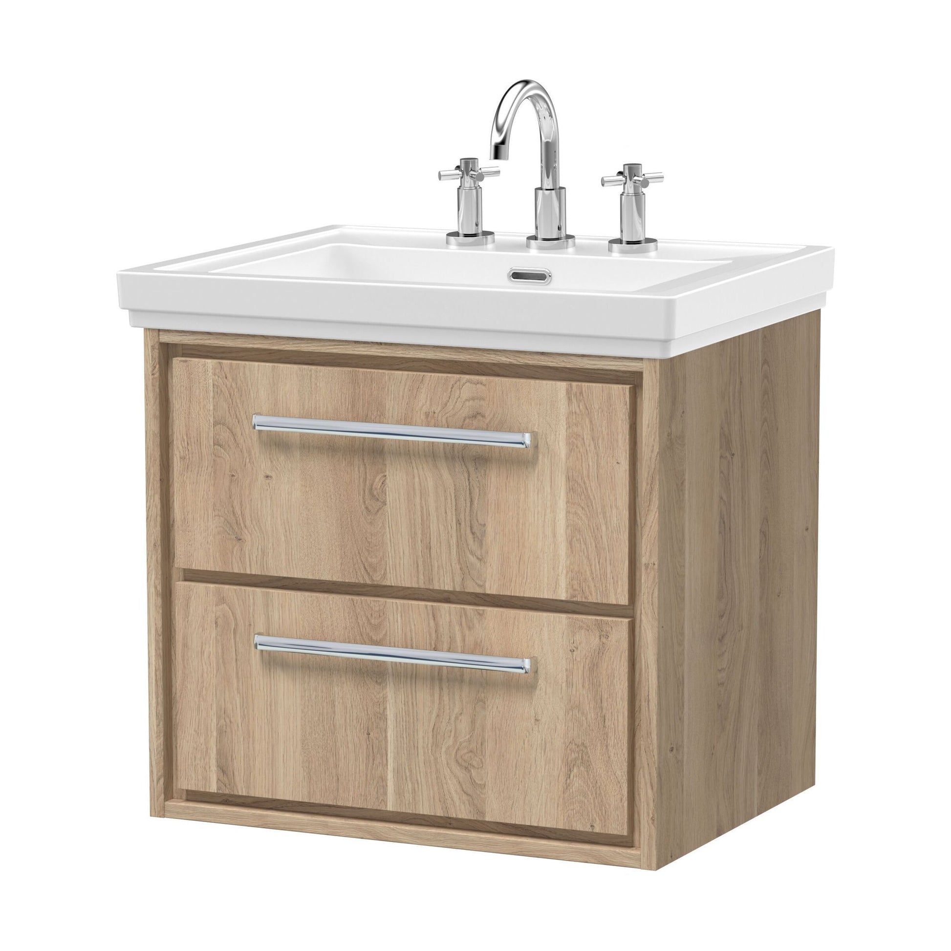 [BFIF3024B] Longnor 2 Drawer Wall Hung Vanity Unit with 3 Tap Hole Traditional Fireclay Basin, Light Oak, 600mm - Cutout