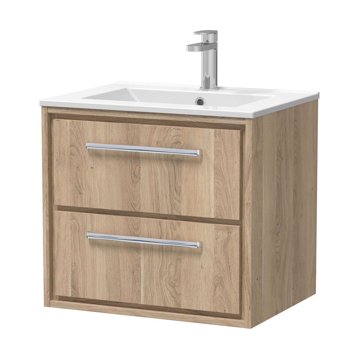 [BFIF3024C] Longnor 2 Drawer Wall Hung Vanity Unit with 1 Tap Hole Minimalist Basin, Light Oak, 600mm - Cutout