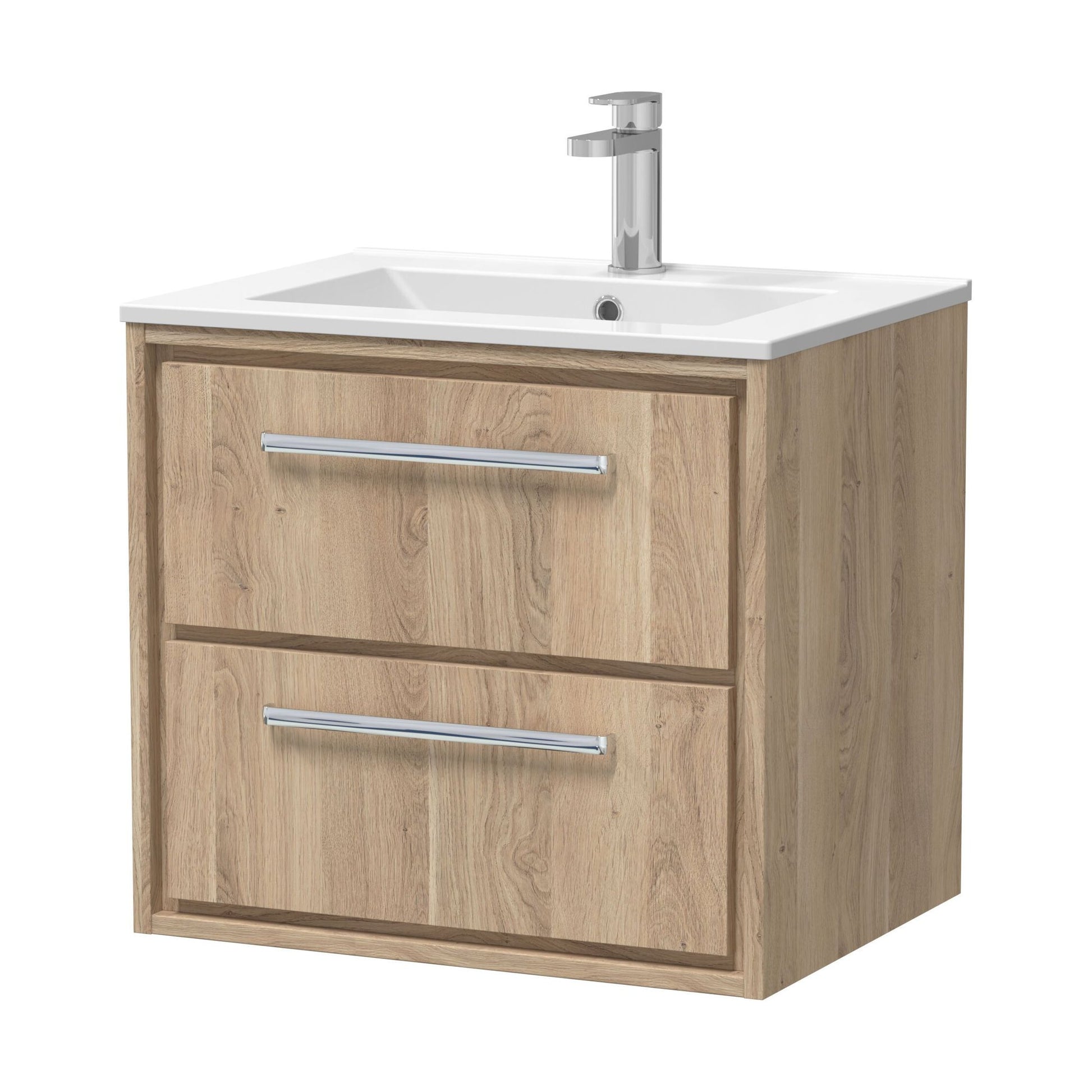 [BFIF3024C] Longnor 2 Drawer Wall Hung Vanity Unit with 1 Tap Hole Minimalist Basin, Light Oak, 600mm - Cutout