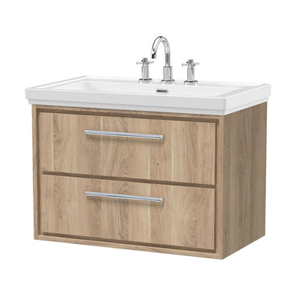 [BFIF3026B] Longnor 2 Drawer Wall Hung Vanity Unit with 3 Tap Hole Traditional Fireclay Basin, Light Oak, 800mm - Cutout