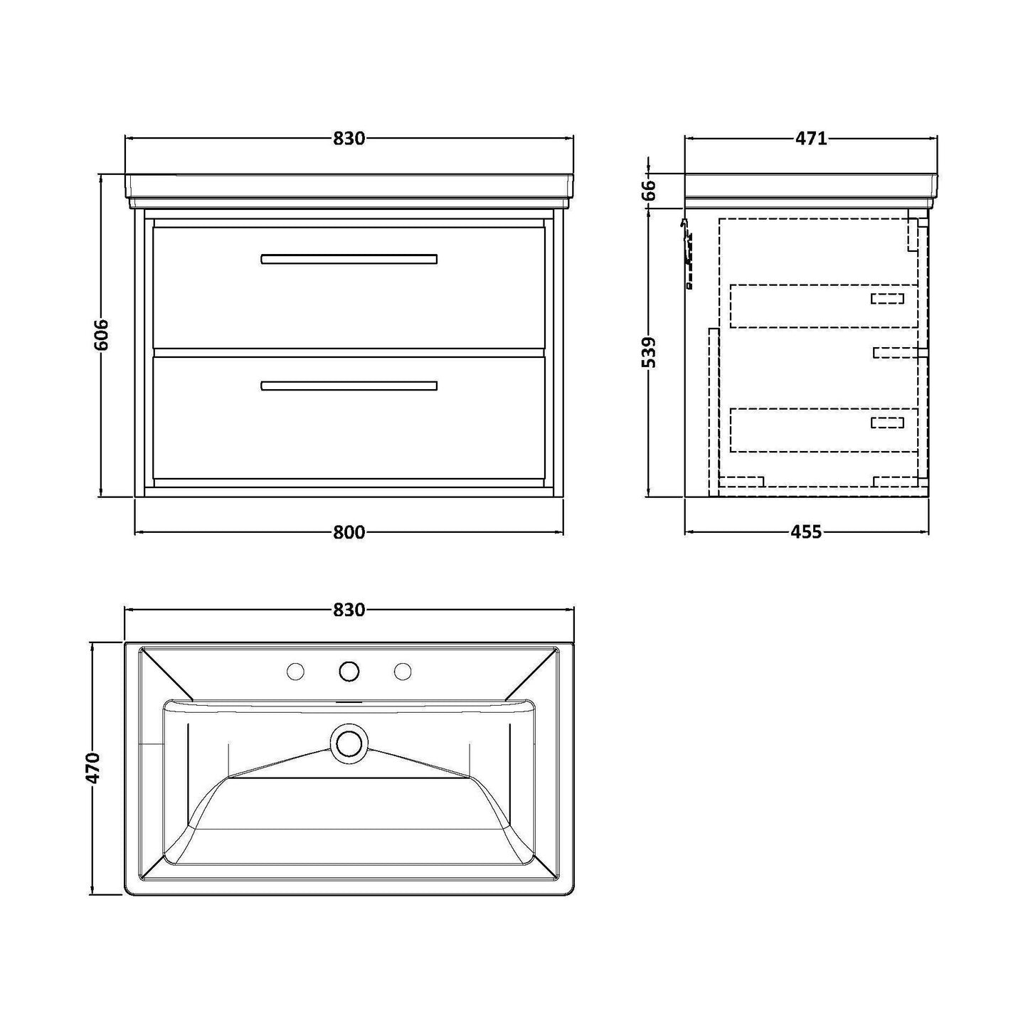 [BFIF3026B] Longnor 2 Drawer Wall Hung Vanity Unit with 3 Tap Hole Traditional Fireclay Basin, Light Oak, 800mm - Technical Drawing