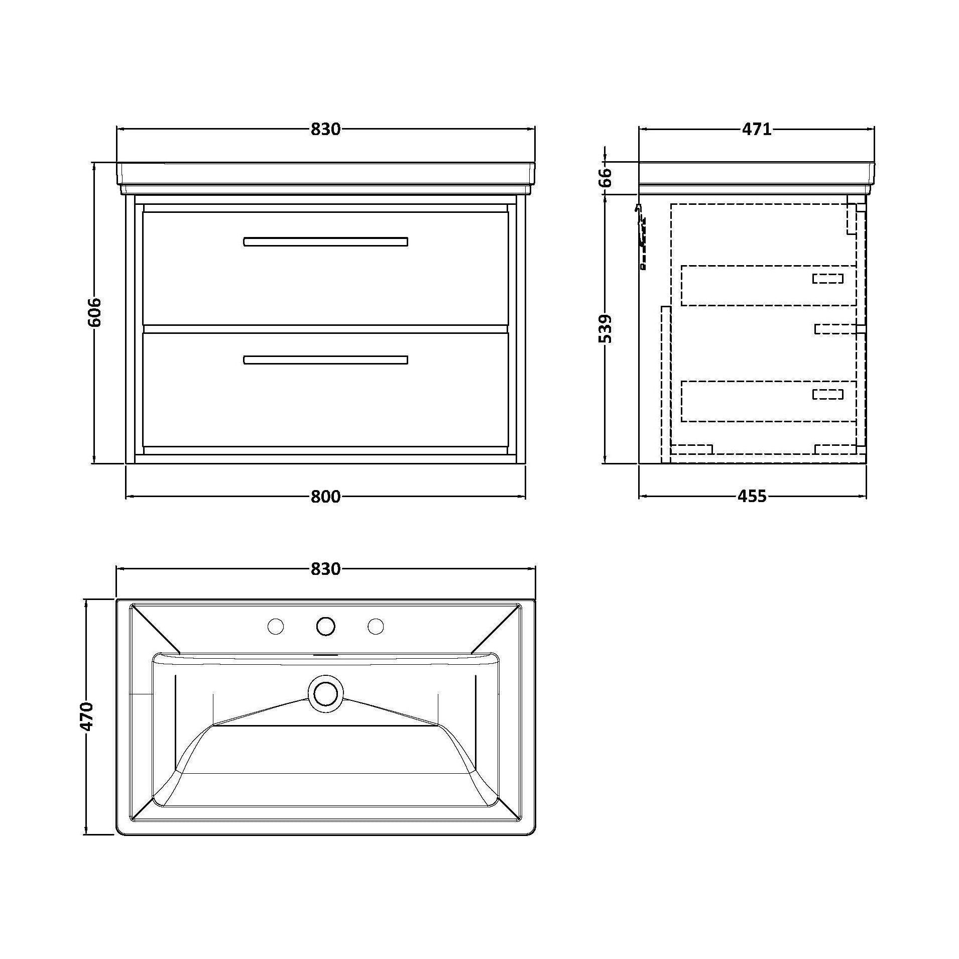 [BFIF3026B] Longnor 2 Drawer Wall Hung Vanity Unit with 3 Tap Hole Traditional Fireclay Basin, Light Oak, 800mm - Technical Drawing