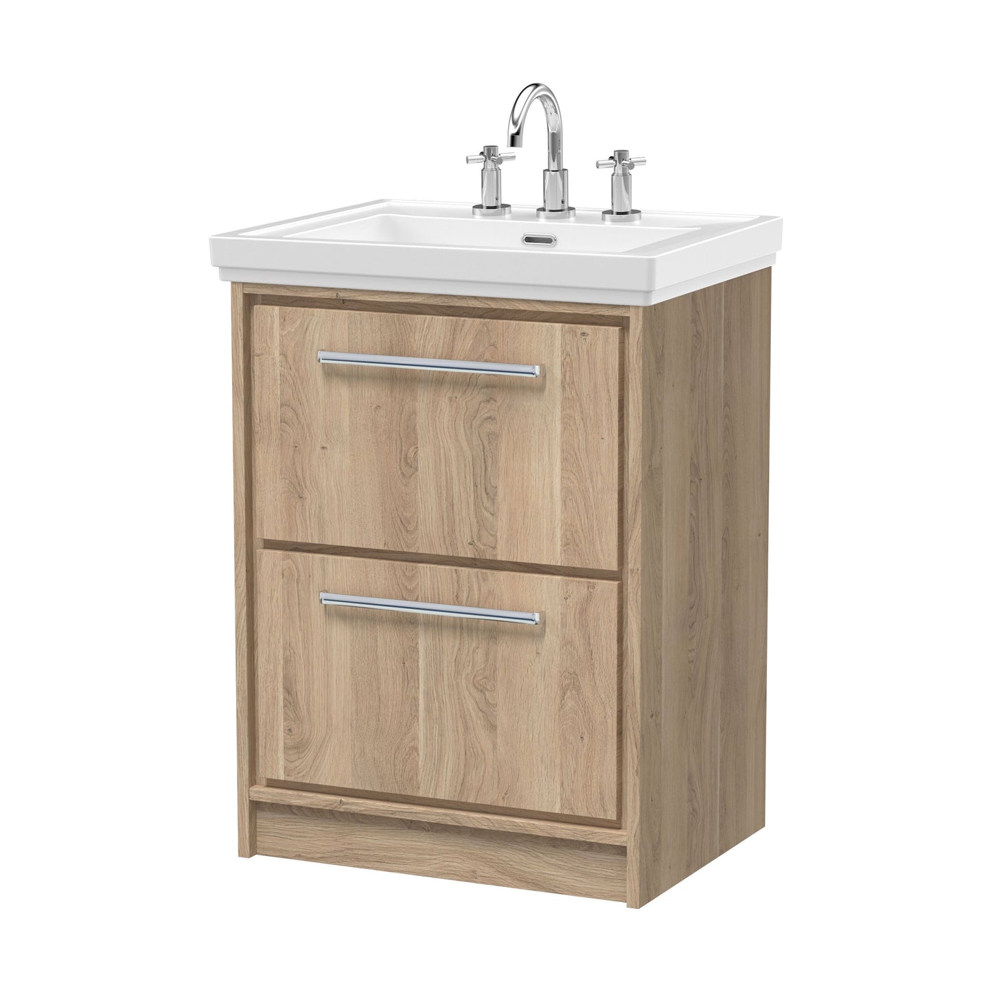 [BFIF3033B] Longnor 2 Drawer Floor Standing Vanity Unit with 3 Tap Hole Traditional Fireclay Basin, Light Oak, 600mm - Cutout