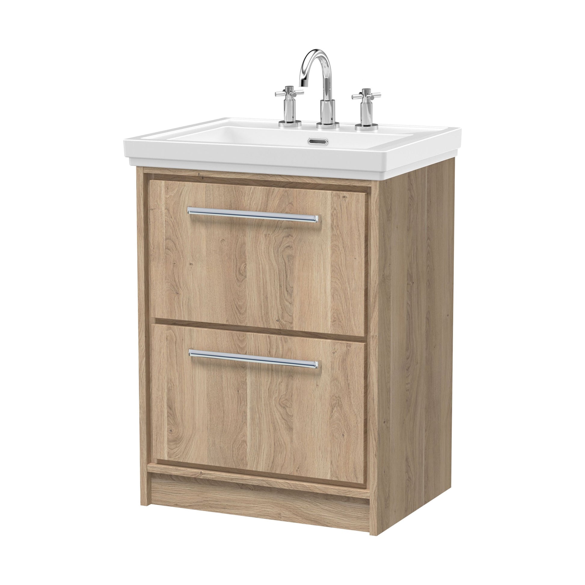 [BFIF3033B] Longnor 2 Drawer Floor Standing Vanity Unit with 3 Tap Hole Traditional Fireclay Basin, Light Oak, 600mm - Cutout