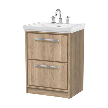 [BFIF3033B] Longnor 2 Drawer Floor Standing Vanity Unit with 3 Tap Hole Traditional Fireclay Basin, Light Oak, 600mm - Cutout