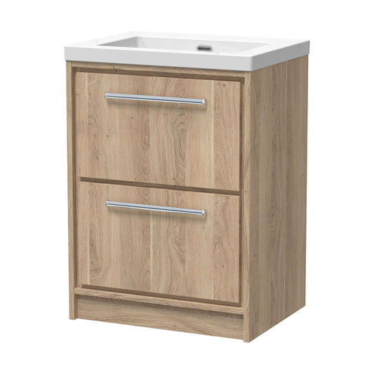 [BFIF3033K] Longnor 2 Drawer Floor Standing Vanity Unit with 1 Tap Hole Modern Fireclay Basin, Light Oak, 600mm - Cutout