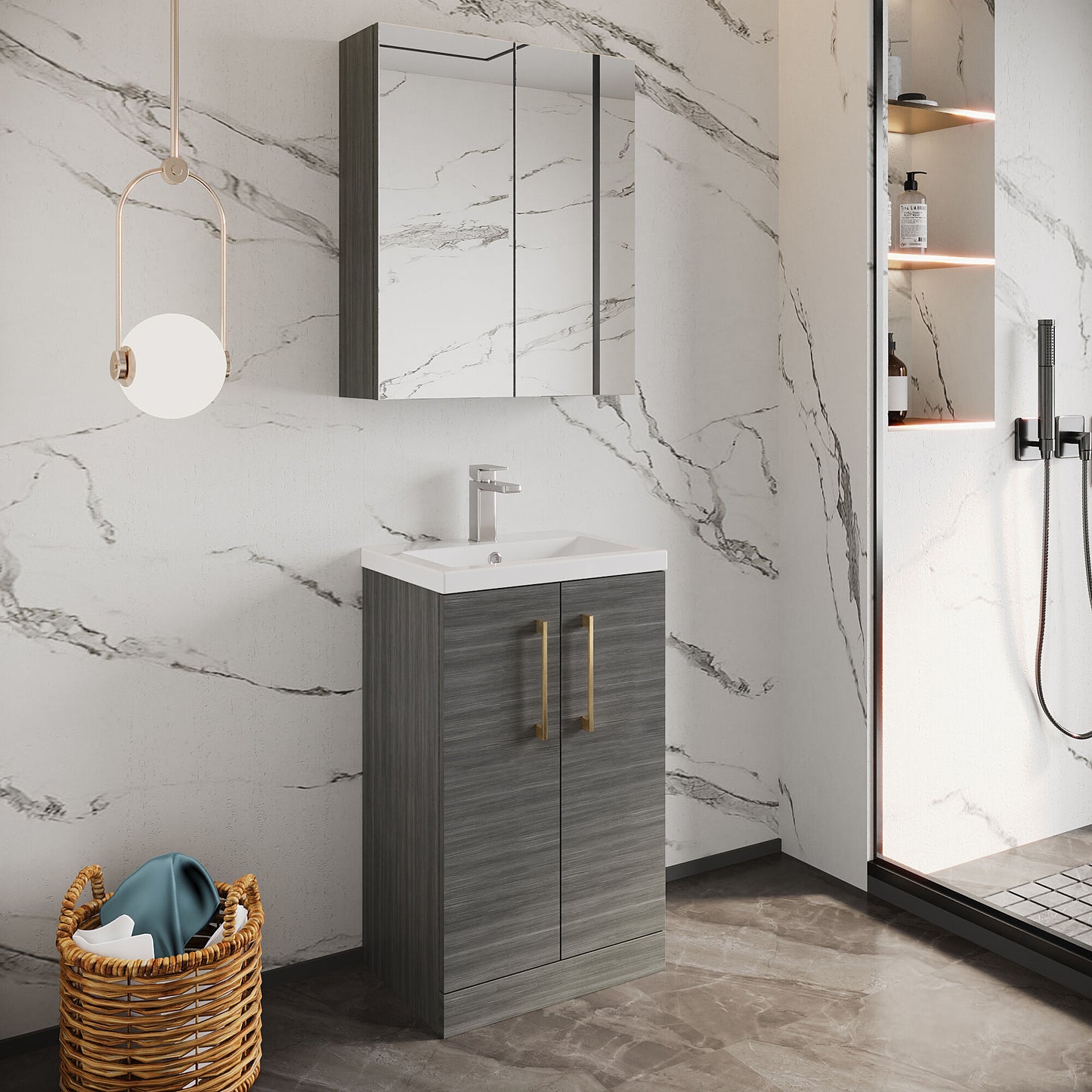 [BFLE004H017] Bramshall Contemporary Compact Floor Standing Vanity Basin Unit with Polymarble Basin, 500mm, Choice of Colour and Handle Finish - Lifestyle 2