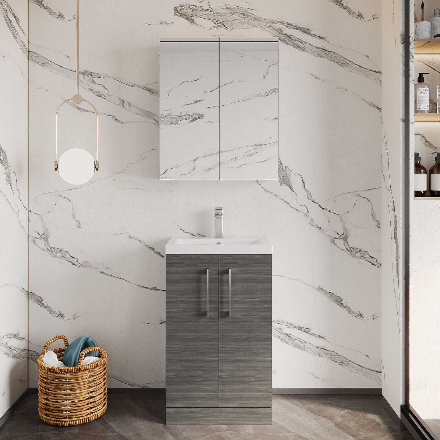 [BFLE004] Balterley Level Compact Bathroom Cloakroom Vanity Basin Unit with Polymarble Basin, Chrome Handles, 500mm, Woodgrain Grey - Lifestyle 1